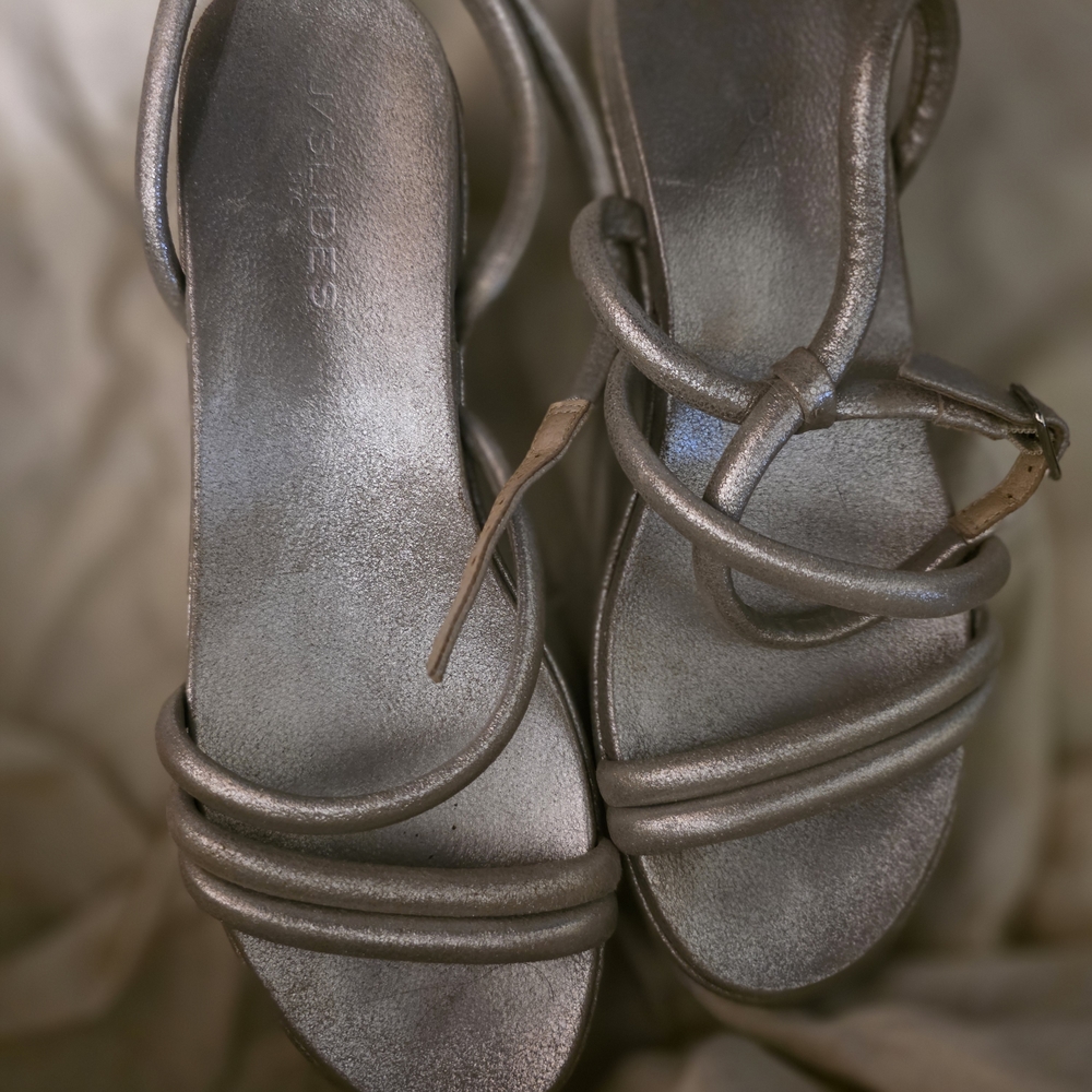 J Slides Leather  Metallic Silver Sandals